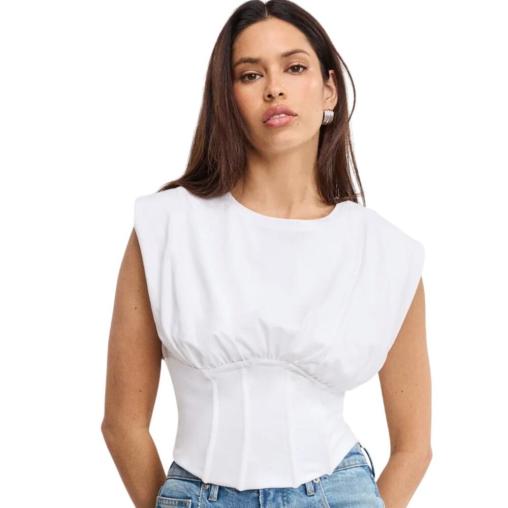 Good American Corset Top Structured Sleeveless Stretch Cotton, White, Size Small